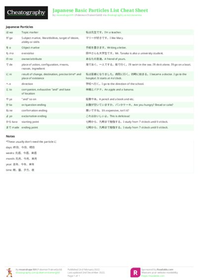 Japanese Basic Particles List Cheat Sheet