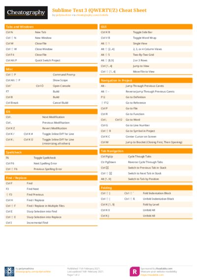 Sublime Text 3 (QWERTY/Z) Cheat Sheet