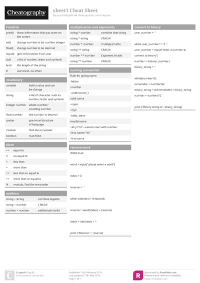 sheet1 Cheat Sheet