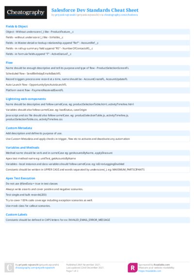 Salesforce Dev Standards Cheat Sheet