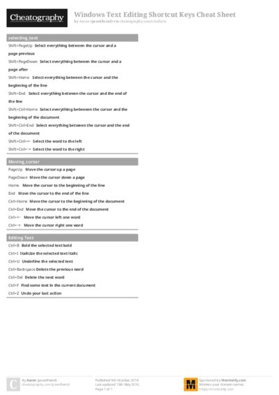 Windows Text Editing Shortcut Keys Cheat Sheet