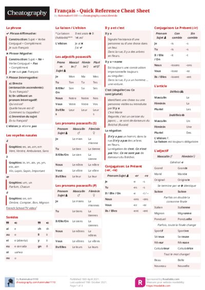 Français - Quick Reference Cheat Sheet
