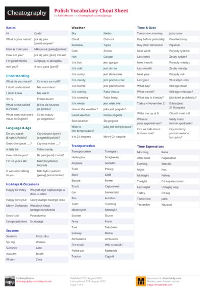 Polish Vocabulary Cheat Sheet
