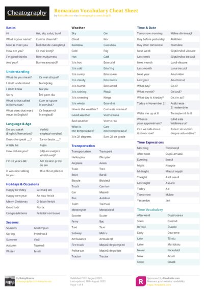 Romanian Vocabulary Cheat Sheet