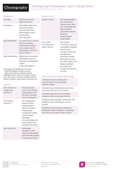 Antropologi Pertemuan 1 dan 2 Cheat Sheet