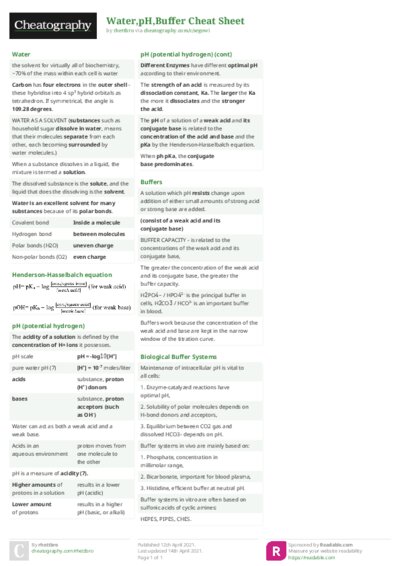 Water,pH,Buffer Cheat Sheet