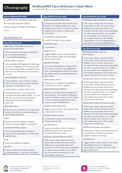 RedBeanPHP Class Reference Cheat Sheet
