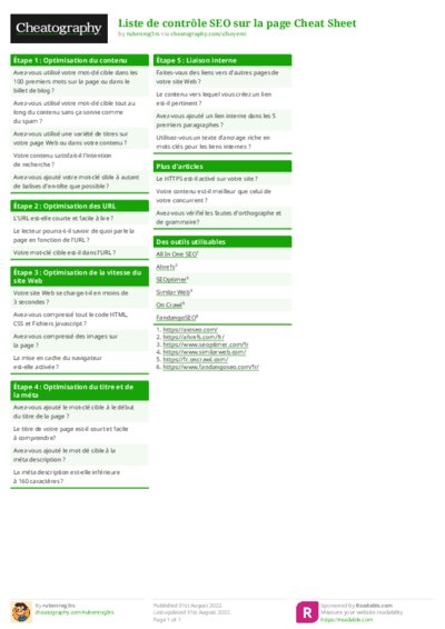 Liste de contrôle SEO sur la page Cheat Sheet