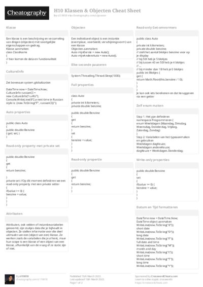 H10 Klassen & Objecten Cheat Sheet