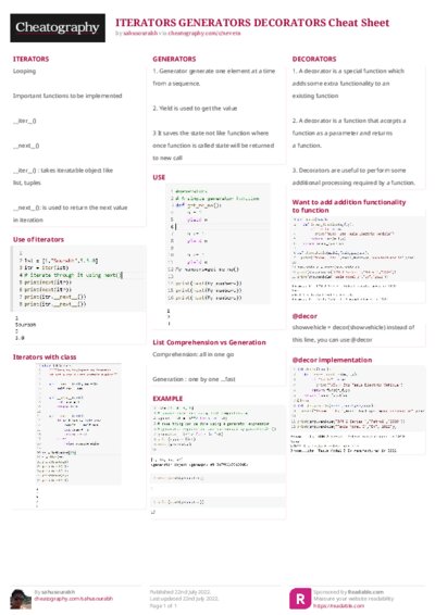 ITERATORS GENERATORS DECORATORS Cheat Sheet