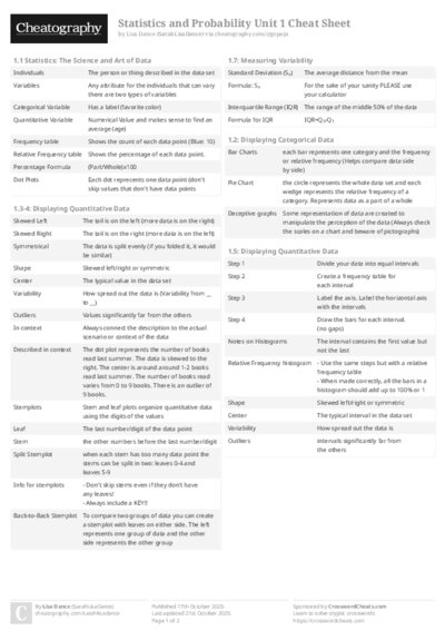 Statistics and Probability Unit 1 Cheat Sheet