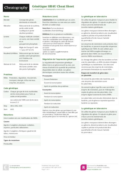 Génétique SBI4U Cheat Sheet