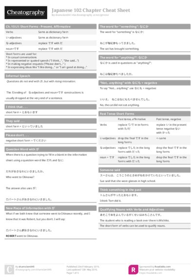 Japanese 102 Chapter Cheat Sheet