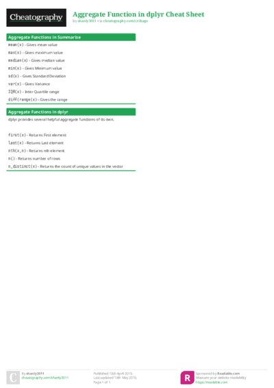 Aggregate Function in dplyr Cheat Sheet