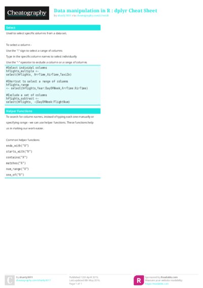Data manipulation in R : dplyr Cheat Sheet