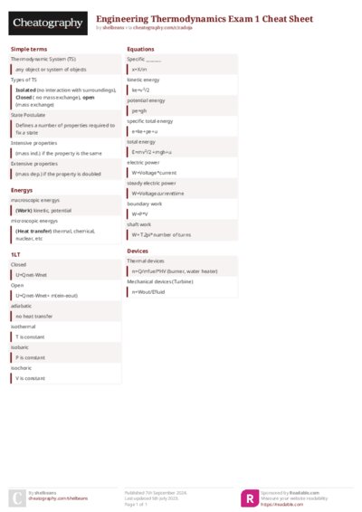 Engineering Thermodynamics Exam 1 Cheat Sheet