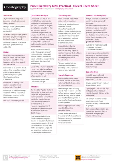 Pure Chemistry 6092 Practical - Olevel Cheat Sheet