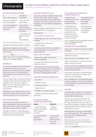 CLASS 9 ELECTORAL POLITICS CIVICS CBSE Cheat Sheet