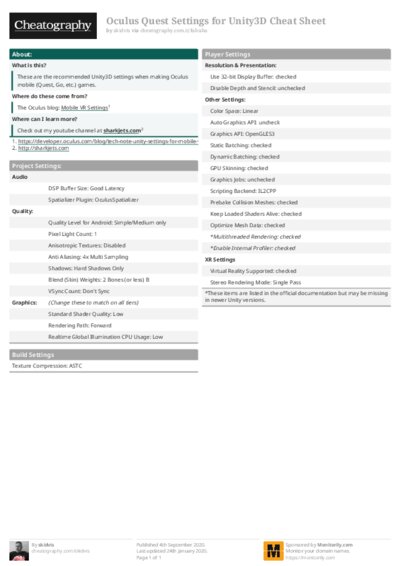Oculus Quest Settings for Unity3D Cheat Sheet