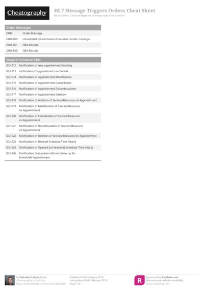 HL7 Message Triggers Orders Cheat Sheet