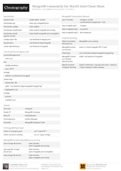 MongoDB Community for MacOS Intel Cheat Sheet