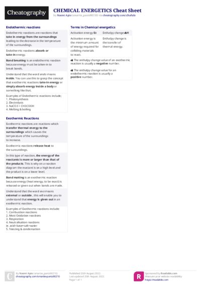 CHEMICAL ENERGETICS Cheat Sheet
