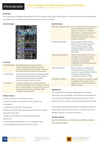 Central Dogma of Molecular Biology Cheat Sheet