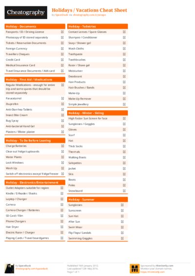 Holidays / Vacations Cheat Sheet