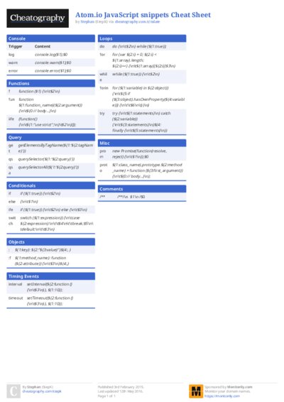 Atom.io JavaScript snippets Cheat Sheet