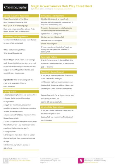 Magic in Warhammer Role Play Cheat Sheet