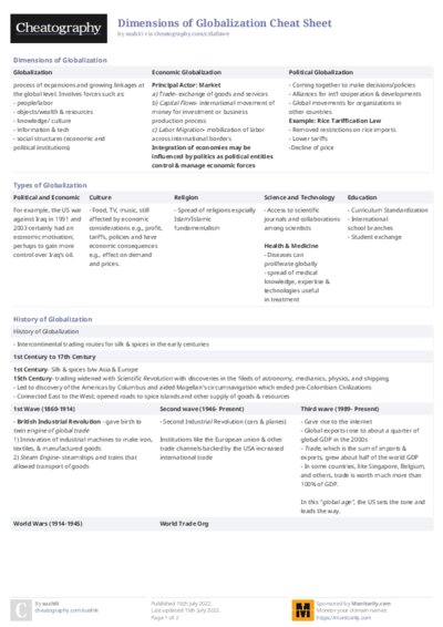 Dimensions of Globalization Cheat Sheet
