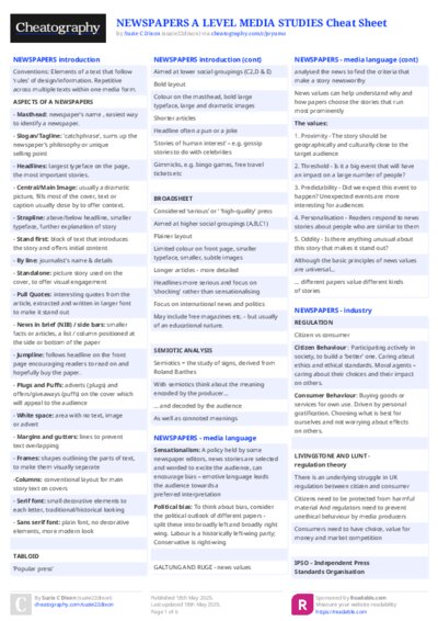 NEWSPAPERS A LEVEL MEDIA STUDIES Cheat Sheet