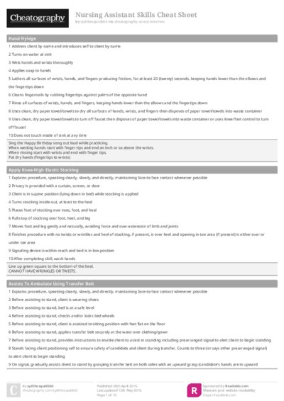 Nursing Assistant Skills Cheat Sheet