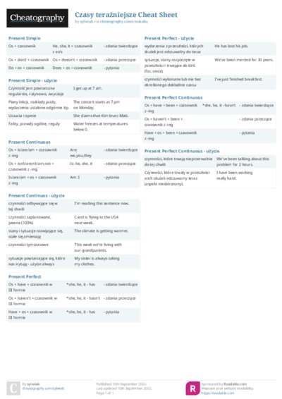 Czasy teraźniejsze Cheat Sheet