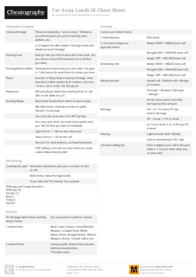 Far Away Lands 2E Cheat Sheet