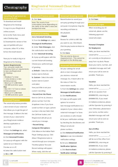 RingCentral Voicemail Cheat Sheet