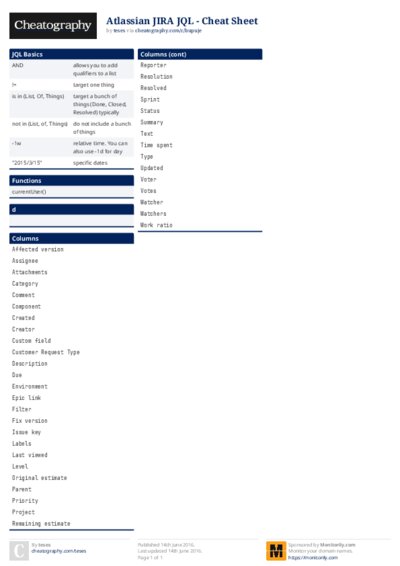 Atlassian JIRA JQL - Cheat Sheet