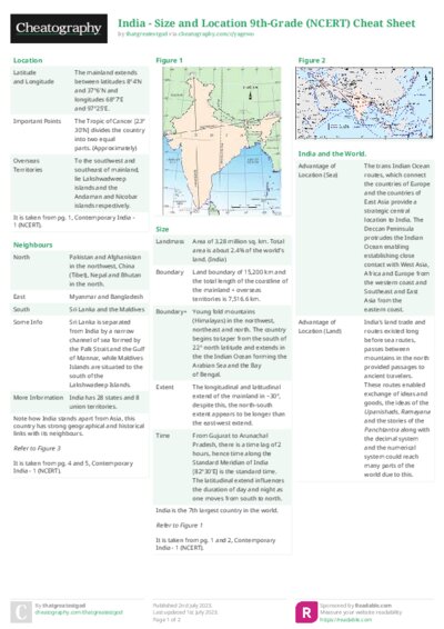 India - Size and Location 9th-Grade (NCERT) Cheat Sheet