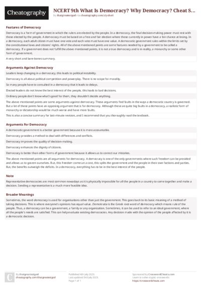 NCERT 9th What Is Democracy? Why Democracy? Cheat Sheet