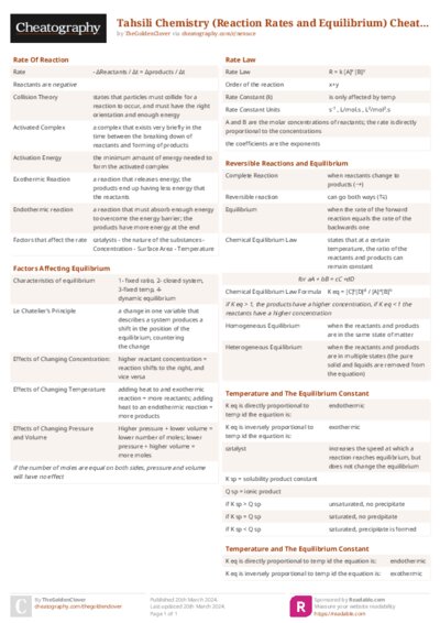 Tahsili Chemistry (Reaction Rates and Equilibrium) Cheat Sheet