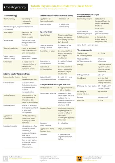 Tahsili Physics (States Of Matter) Cheat Sheet