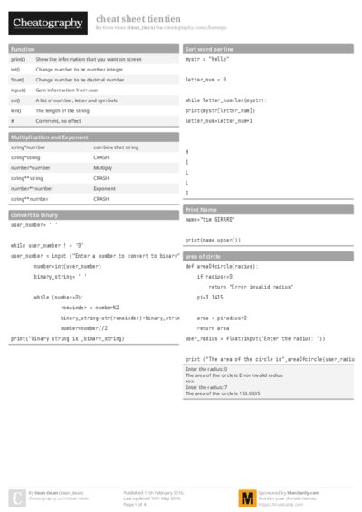 cheat sheet tientien