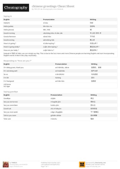 chinese greetings Cheat Sheet