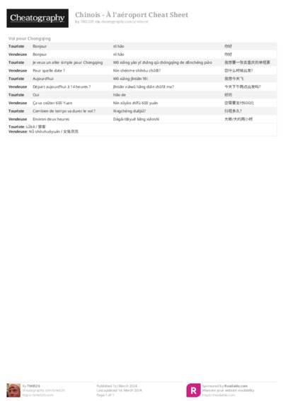 Chinois - À l’aéroport Cheat Sheet