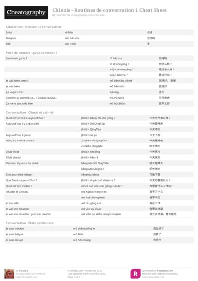 Chinois - Routines de conversation 1 Cheat Sheet