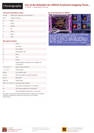 Eye of the Beholder for MSDOS keyboard mapping Cheat Sheet