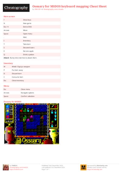 Ossuary for MSDOS keyboard mapping Cheat Sheet