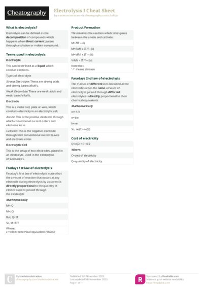 Electrolysis I Cheat Sheet
