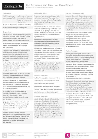 Cell Structure and Function Cheat Sheet