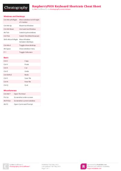 RaspberryPiOS Keyboard Shortcuts Cheat Sheet